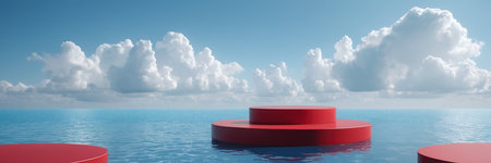 3d render of red podium on the sea with blue sky backgroundの素材