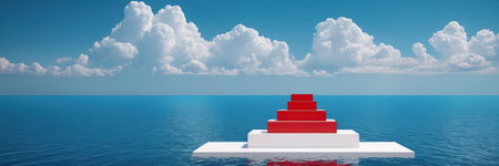 3d rendering of red stairs on the sea and blue sky backgroundの素材