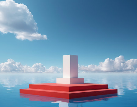 Red podium on the sea with clouds in the sky. 3d renderの素材