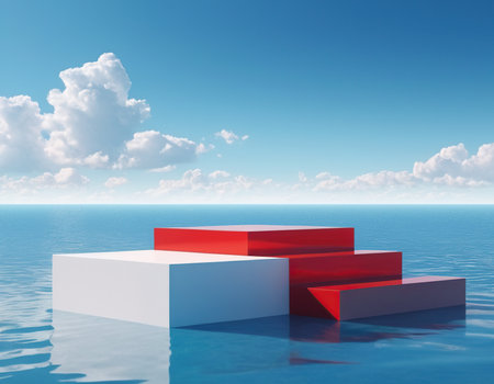 3d render of podium in the sea with blue sky and cloudsの素材