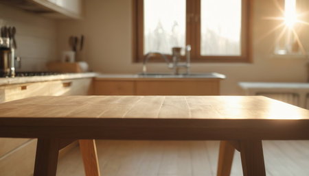 Empty wooden table in modern kitchen interior, blurred background. Mock upの素材