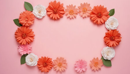Flowers composition. Frame made of flowers on pink background. Flat lay, top view, copy spaceの素材