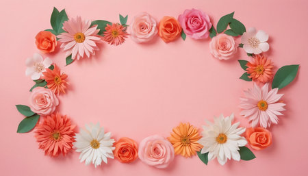 Flowers composition. Frame made of flowers on pink background. Flat lay, top view, copy spaceの素材
