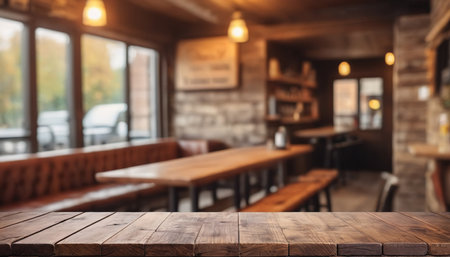 Empty wooden table and coffee shop blur background with bokeh image.の素材