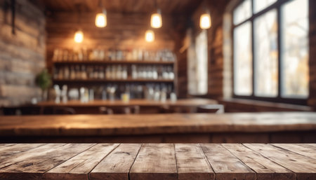 Empty wooden table and blurred background of bar or pub. For product displayの素材