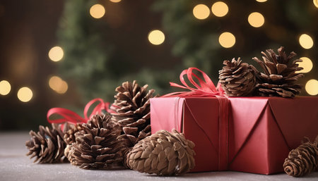 Christmas decoration with pine cones and gift box on bokeh backgroundの素材