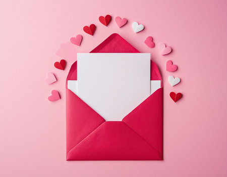 Envelope with blank card and paper hearts on pink background, top viewの素材