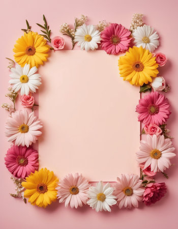 Frame made of colorful flowers on pink background. Flat lay, top view.の素材