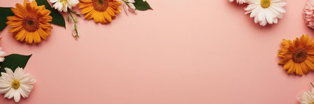 top view of orange and white flowers on pink background, panoramic shotの素材