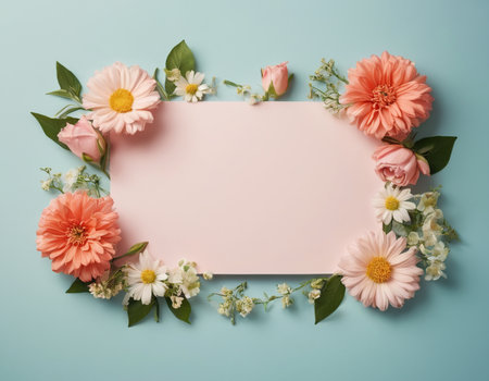 Flowers composition. Frame made of pink flowers on blue background. Flat lay, top view, copy spaceの素材