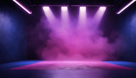 Purple stage background with smoke and spotlights. 3d renderingの素材