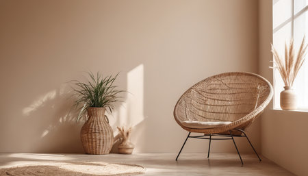 modern living room with wicker armchair and plant in vaseの素材