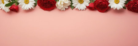 Banner of red and white flowers on pink background with copy spaceの素材