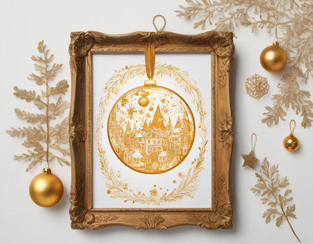 Christmas greeting card with golden baubles, fir tree branches, snowflakes and golden frame on white backgroundの素材