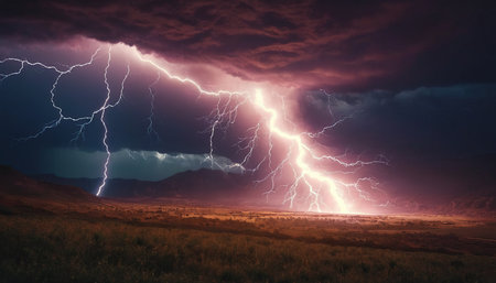 Dramatic thunderstorm with lightning in the sky. 3d renderingの素材