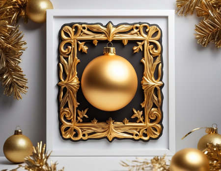Christmas greeting card with golden christmas ball in frame. 3d renderingの素材