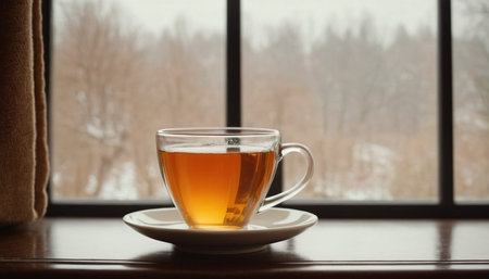 Cup of tea on the window sill in front of the winter landscapeの素材