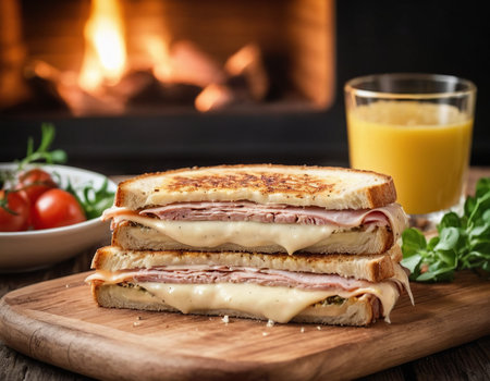 Sandwich with ham, cheese and tomato on a wooden board near the fireplaceの素材