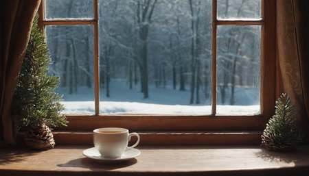 Cup of coffee on the windowsill in the winter forest.の素材
