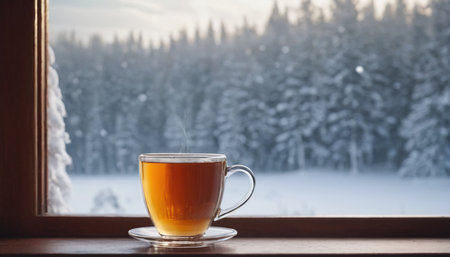 Cup of tea on the windowsill in the winter forest.の素材
