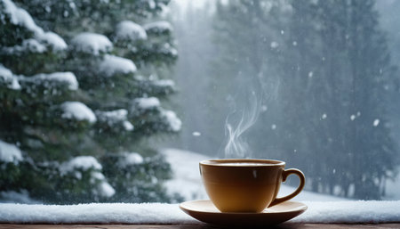 Cup of coffee on wooden table in front of winter landscape.の素材
