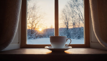 Cup of coffee on the windowsill at sunset. Beautiful winter landscape.の素材