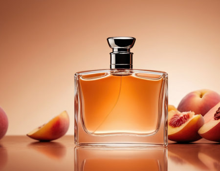 bottle of perfume and peaches on a brown background with reflectionの素材