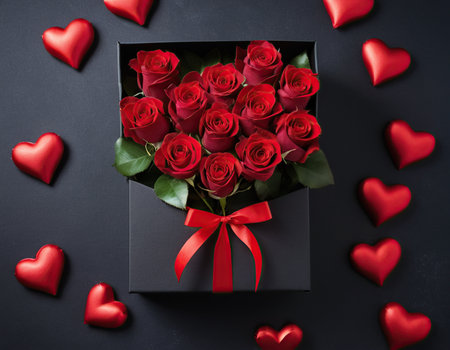 Red roses in a gift box with red hearts on a black backgroundの素材