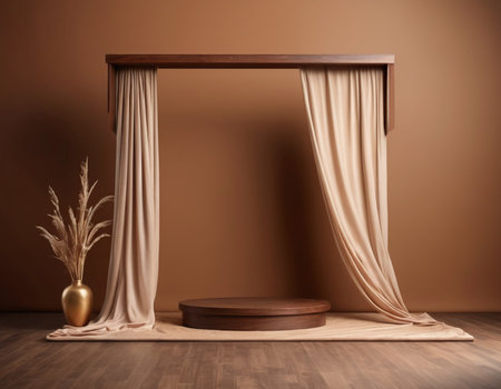 3d rendering of a brown podium with curtains and a vaseの素材