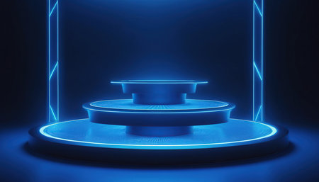 3d render, abstract background, neon blue light, round podiumの素材