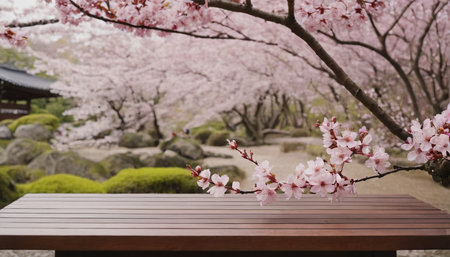 Wooden table with cherry blossom in Japanese garden.の素材