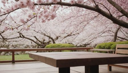 Cherry blossoms and wooden table in a Japanese garden in springの素材