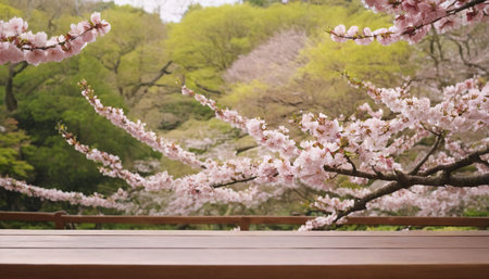 Wooden table top with cherry blossom tree in Japanese gardenの素材