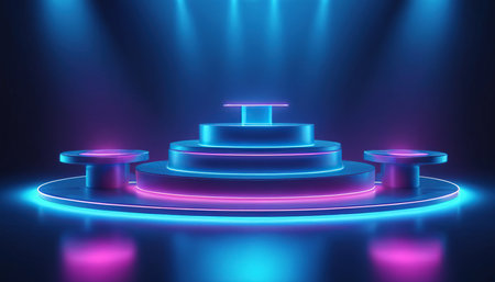 Stage podium with lighting, Stage Podium Scene with for Award Ceremony on blue Background, Vector illustrationの素材