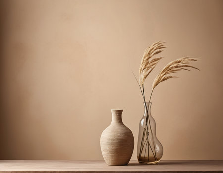 Vase and pampas grass on wooden table with copy spaceの素材