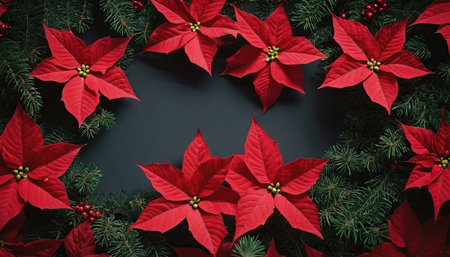 Christmas background with red poinsettia flowers and fir branches on black backgroundの素材