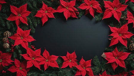 Christmas background with red poinsettia flowers and fir branches on black backgroundの素材