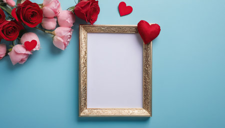 Valentine's day greeting card mockup with frame and red roses on blue backgroundの素材