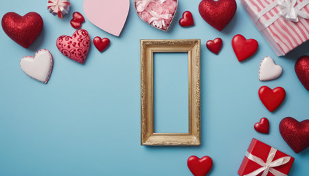 Valentine's day background with red hearts, gift box and golden frame on blue backgroundの素材