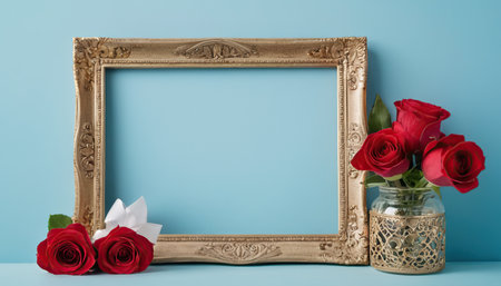 Empty vintage frame with red roses on blue background. Mockup for designの素材
