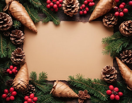 Christmas background with fir tree branches, cones and berries on wooden boardの素材