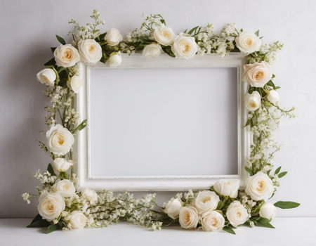 White frame with white roses and gypsophila flowers on white backgroundの素材