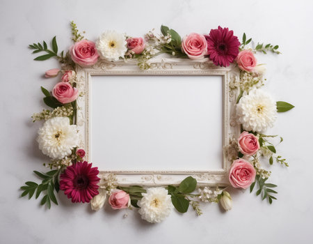 Flowers composition. Frame made of flowersle background. Flat lay, top view, copy spaceの素材
