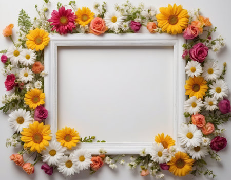 Frame with colorful flowers on white background. Flat lay, top view.の素材