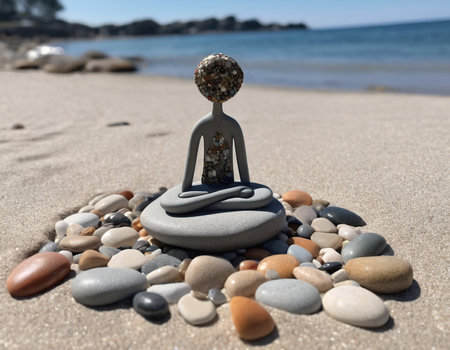 Meditation on the beach with pebbles and a stone figureの素材