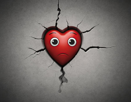 Dark gray cracked heart with sad face. Love concept. 3D Renderingの素材