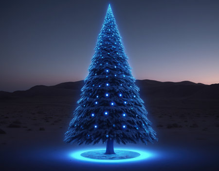 Christmas tree in the desert with blue led lights. 3D renderingの素材