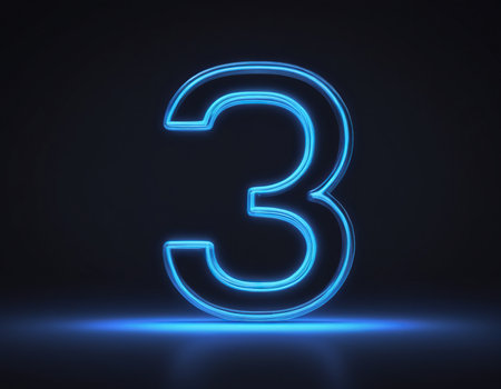 Glowing blue neon number 3 on dark background, 3D renderingの素材