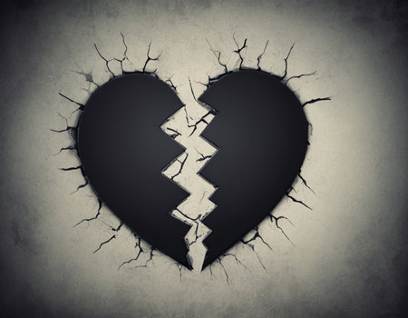 Broken black heart on cracked wall. Love and broken heart concept.の素材