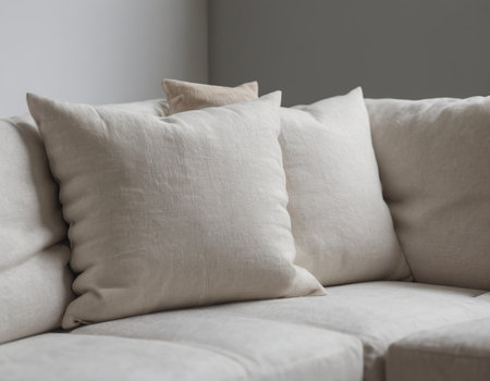 Close up of white pillows on sofa in modern living room.の素材